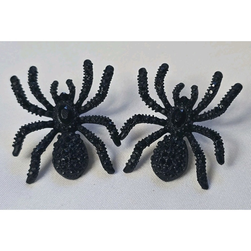 Black Rhinestone-Encrusted Spider Stud Earrings Halloween